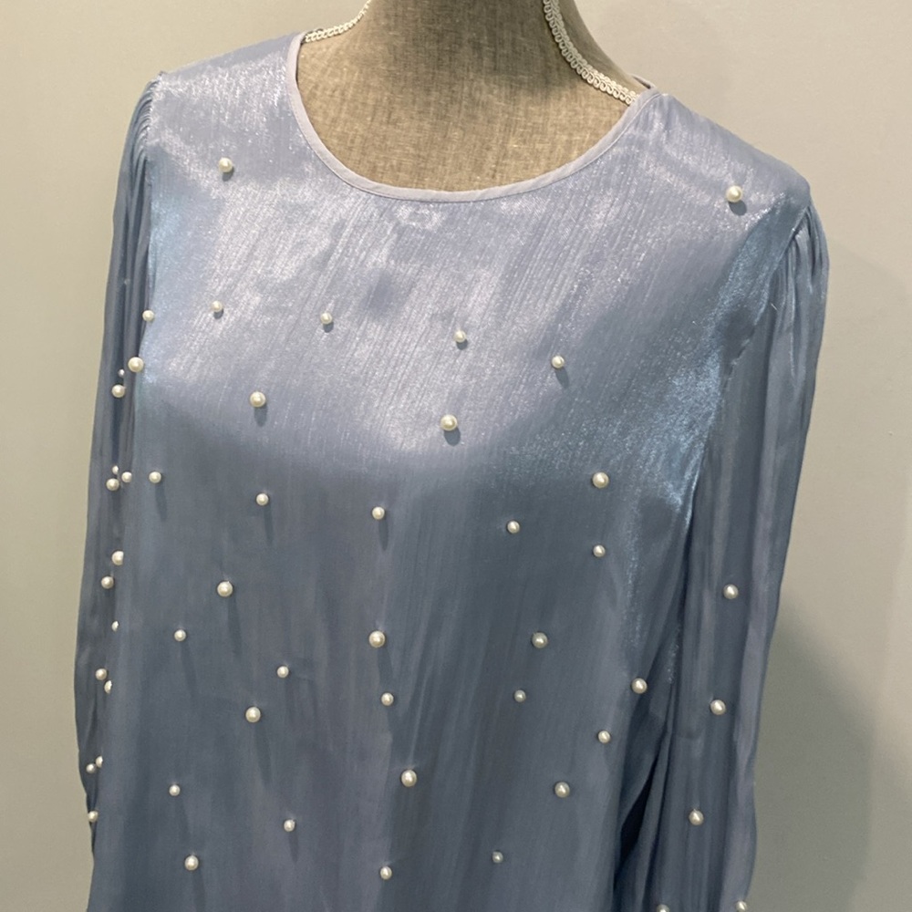 Pearl-Embellished Light Blue Long-Sleeve Women's Top - Picture 2 of 16